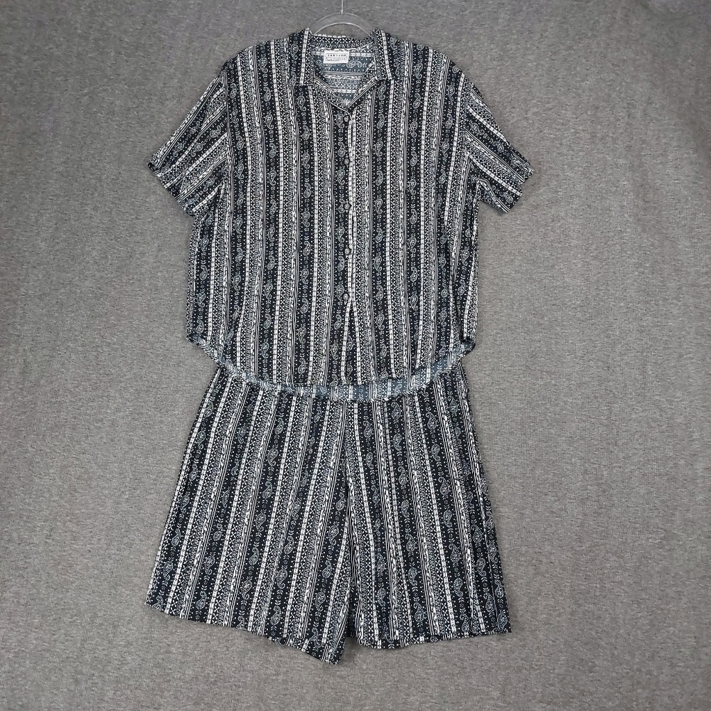 JANTZEN CLASSICS WOMEN VINTAGE BLACK WHITE PAISLEY STRIPE TOP & SHORTS SET SZ 14